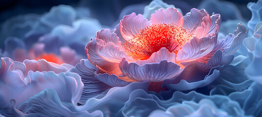 A macro shot of a blooming flower with a translucent 3D object hovering nearby