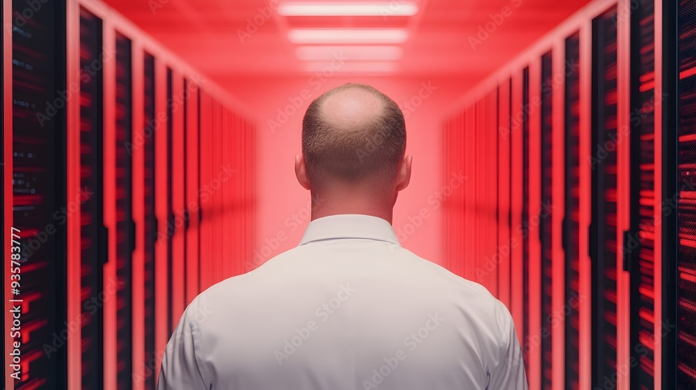 Poster technician performing checkup on algorithm training servers in data center