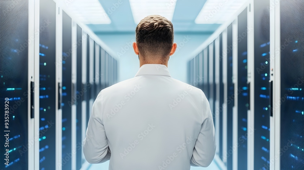Poster technician performs checkup on servers facilitating algorithm training in data center