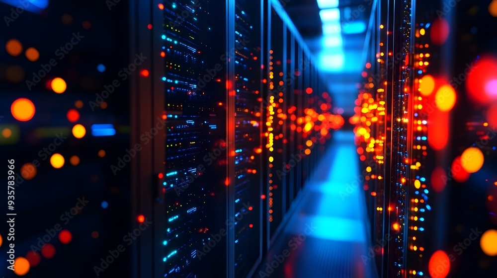 Poster technician ensuring secure it infrastructure in server room with 3d rendering