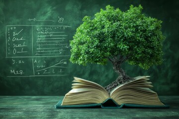 An open book with a lush green tree growing from its pages, set against a chalkboard background with mathematical notes and diagrams
