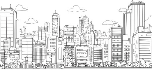 Fototapeta premium City landscape. Line urban backdrop. Skyline with clouds, different buildings on street, doodle street draw, outline cityscape hand sketch, flat houses. Hand drawn vector illustration