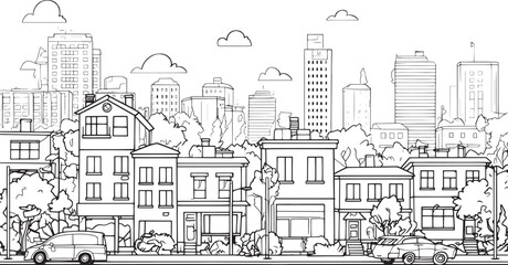 City landscape. Line urban backdrop. Skyline with clouds, different buildings on street, doodle street draw, outline cityscape hand sketch, flat houses. Hand drawn vector illustration