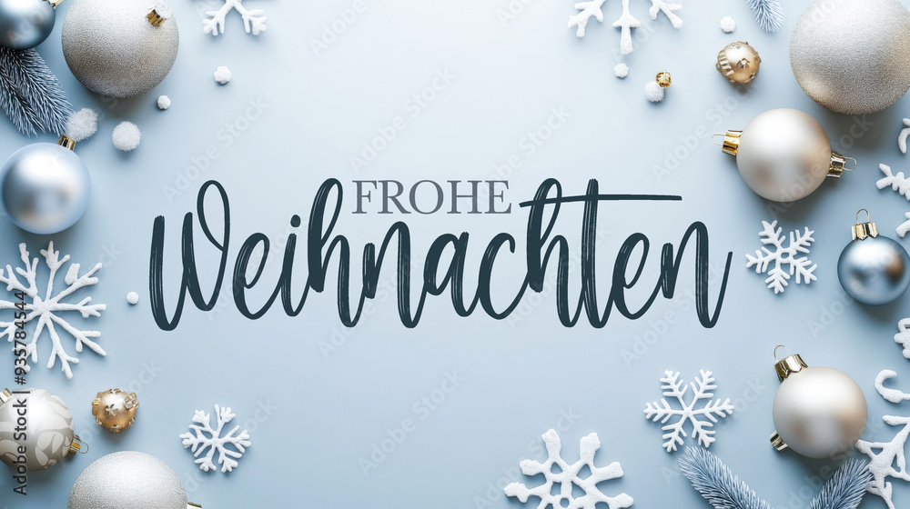 Wall mural frohe weihnachten, festliche grußkarte mit deutschem text - rahmen dekoration mit blauen christbaumk