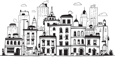 City landscape. Line urban backdrop. Skyline with clouds, different buildings on street, doodle street draw, outline cityscape hand sketch, flat houses. Hand drawn vector illustration
