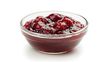 Small glass bowl of red berry jam isolated on white background, sweet cherry jam