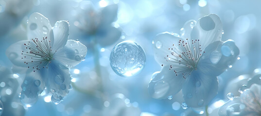 A macro shot of a blooming flower with a translucent 3D object hovering nearby