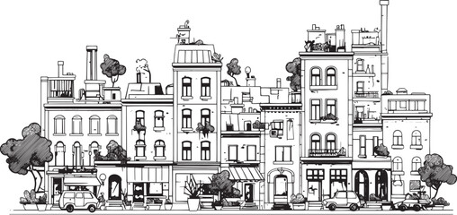 City landscape. Line urban backdrop. Skyline with clouds, different buildings on street, doodle street draw, outline cityscape hand sketch, flat houses. Hand drawn vector illustration