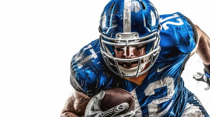 A football player wearing a blue helmet and jersey is running with a football