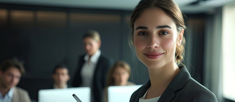 Confident business leader smiling at the camera while standing in an office during a team meeting Portrait of a self assured businesswoman with colleagues in a boardroom utilizing a digital tablet in