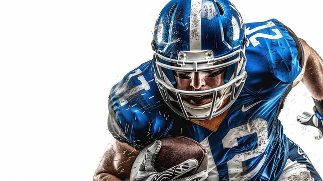 A football player wearing a blue helmet and jersey is running with a football - Powered by Adobe