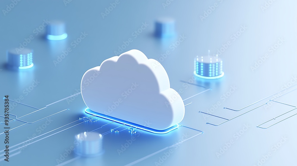 Poster futuristic cloud computing concept with glowing icons and digital network, representing data storage
