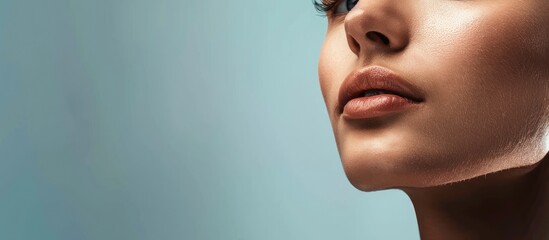 Fototapeta premium Young woman in excellent shape Concept of healthy living Body and facial features. Copy space image. Place for adding text and design
