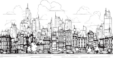 Obraz premium City landscape. Line urban backdrop. Skyline with clouds, different buildings on street, doodle street draw, outline cityscape hand sketch, flat houses. Hand drawn vector illustration