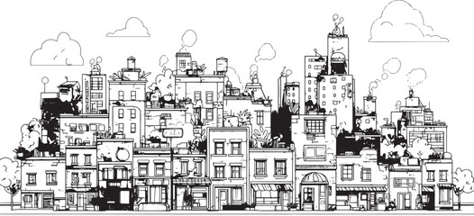 City landscape. Line urban backdrop. Skyline with clouds, different buildings on street, doodle street draw, outline cityscape hand sketch, flat houses. Hand drawn vector illustration