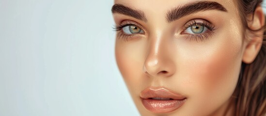 Fototapeta premium Close up of a woman with beautiful eyebrows against a light background with copy space Concepts include microblading microshading eyebrow tattoos henna and powder brows