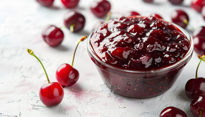 Small glass bowl of red berry jam isolated on white background, sweet cherry jam