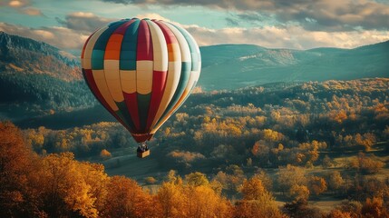 Fototapeta premium Multicolored hot air balloon flying over autumn landscape in nature. The generation of AI