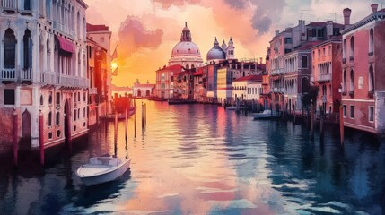 Beautiful sunset over Venice canal with colorful buildings and boats, capturing the serene ambiance of the iconic cityscape.