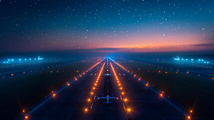 Modern airport runway at night with golden glowing lights.
