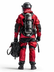 Fototapeta premium A man in a red and black outfit is wearing a backpack and a gas mask