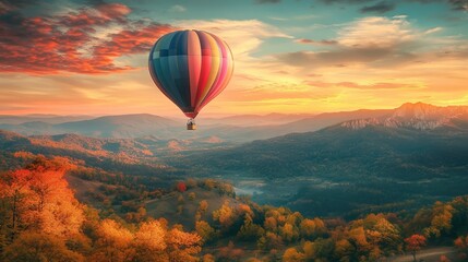Fototapeta premium Multicolored hot air balloon flying over autumn landscape in nature. The generation of AI