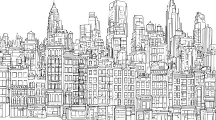 Fototapeta premium City landscape. Line urban backdrop. Skyline with clouds, different buildings on street, doodle street draw, outline cityscape hand sketch, flat houses. Hand drawn vector illustration