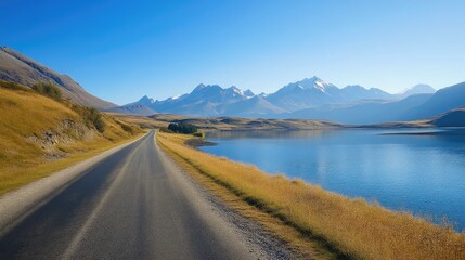 Scenic Road Alongside Tranquil Lake and Mountains