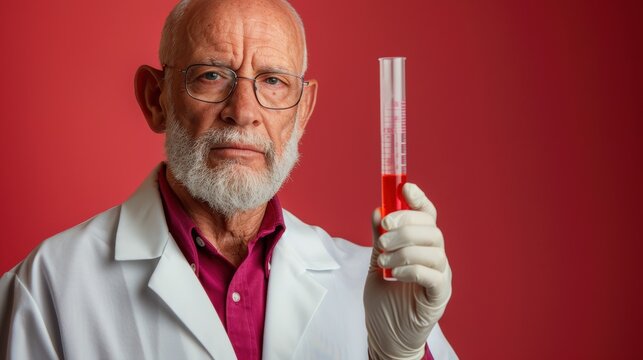 A man in a lab coat holding a beaker of red liquid