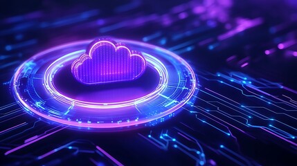 Futuristic cloud computing concept with neon lights and digital circuits, symbolizing data storage, technology, and innovation.