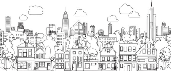 City landscape. Line urban backdrop. Skyline with clouds, different buildings on street, doodle street draw, outline cityscape hand sketch, flat houses. Hand drawn vector illustration