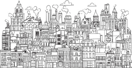 City landscape. Line urban backdrop. Skyline with clouds, different buildings on street, doodle street draw, outline cityscape hand sketch, flat houses. Hand drawn vector illustration