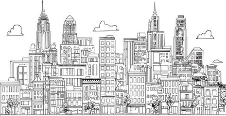 City landscape. Line urban backdrop. Skyline with clouds, different buildings on street, doodle street draw, outline cityscape hand sketch, flat houses. Hand drawn vector illustration