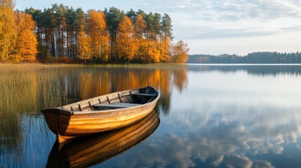 Old wooden row boat on calm lake water with autumn trees. The generation of AI