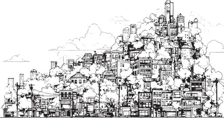 Obraz premium City landscape. Line urban backdrop. Skyline with clouds, different buildings on street, doodle street draw, outline cityscape hand sketch, flat houses. Hand drawn vector illustration
