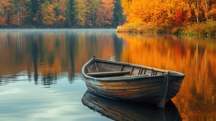 Obraz premium Old wooden row boat on calm lake water with autumn trees. The generation of AI