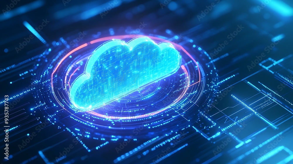 Poster futuristic cloud computing icon representing digital data and technology in a glowing holographic in