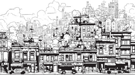 City landscape. Line urban backdrop. Skyline with clouds, different buildings on street, doodle street draw, outline cityscape hand sketch, flat houses. Hand drawn vector illustration