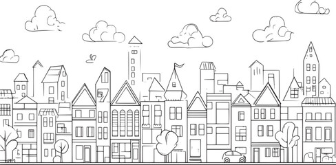 Fototapeta premium City landscape. Line urban backdrop. Skyline with clouds, different buildings on street, doodle street draw, outline cityscape hand sketch, flat houses. Hand drawn vector illustration