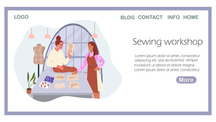 Landing page sewing workshop, hand drawn vector illustration.