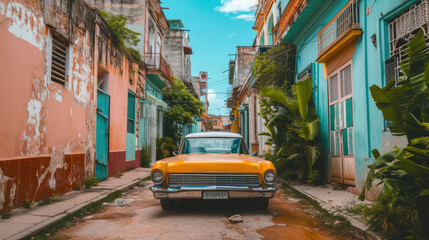 Obraz premium Historic Cuban Neighborhood Featuring Classic Limousine and Tropical Flora