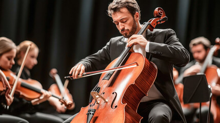 Fototapeta premium Professional cellist playing classical music on cello with symphony orchestra on stage