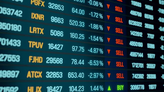 Brokerage business, transaction data on the screen, buy and sell signs for current trades. stock market and exchange concept, information, market reserach. 3D animation