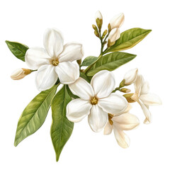 Elegant illustration of white flowers with lush green leaves, perfect for nature-themed projects and floral designs.