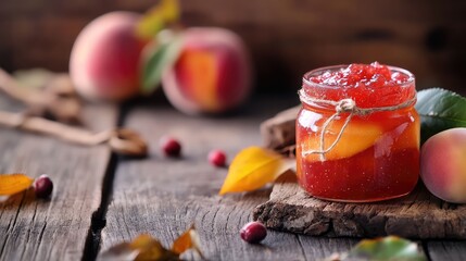Red peach jam in a small jar. Homemade autumn peach jam with fresh fruit. The generation of AI