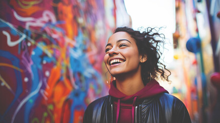 Obraz premium A woman with curly hair is smiling and wearing a black jacket.