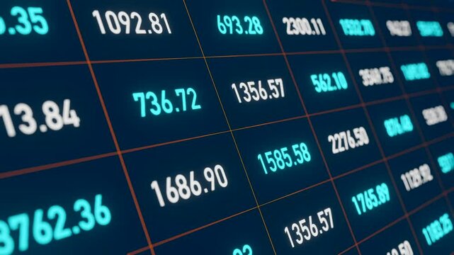 Close-up spreadsheet with financial data. Business data, figures in blue and white. Calculation, market research, financial report, analysis. Selective focus.