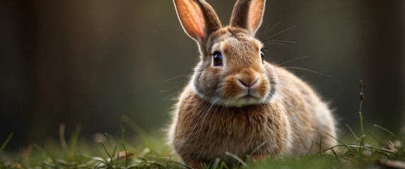 Fototapeta premium A Curious Brown Rabbit with Long Whiskers in the Grass