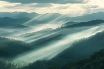 Panoramic View Of Smoky Mountain Ridges With Fog And Light-rays with generative ai