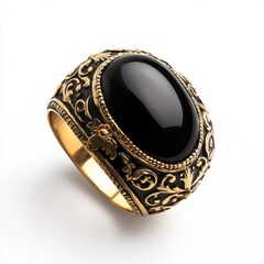 Onyx and Gold Gothic Revival Ring - Isolated White Background Design